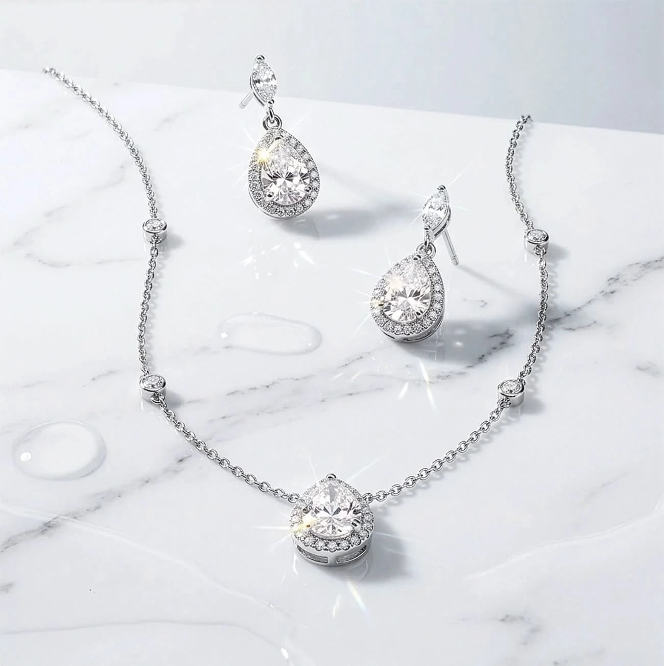 Дамски комплект с iced crushed stones,Сребро 925 с капковидна форма