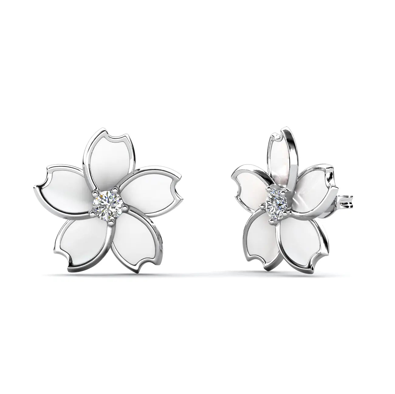 Емайлирани обици цвете в бяло с кристал Сваровски и 18К покритие от бяло злато