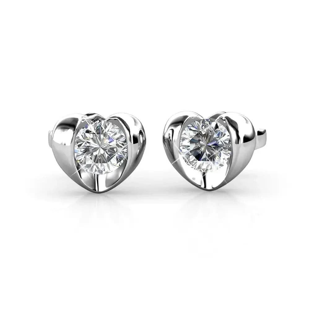 Фини сребърни обици Сърце с кристали 18К покритие бяло злато – by Crystal Pro Jewellery