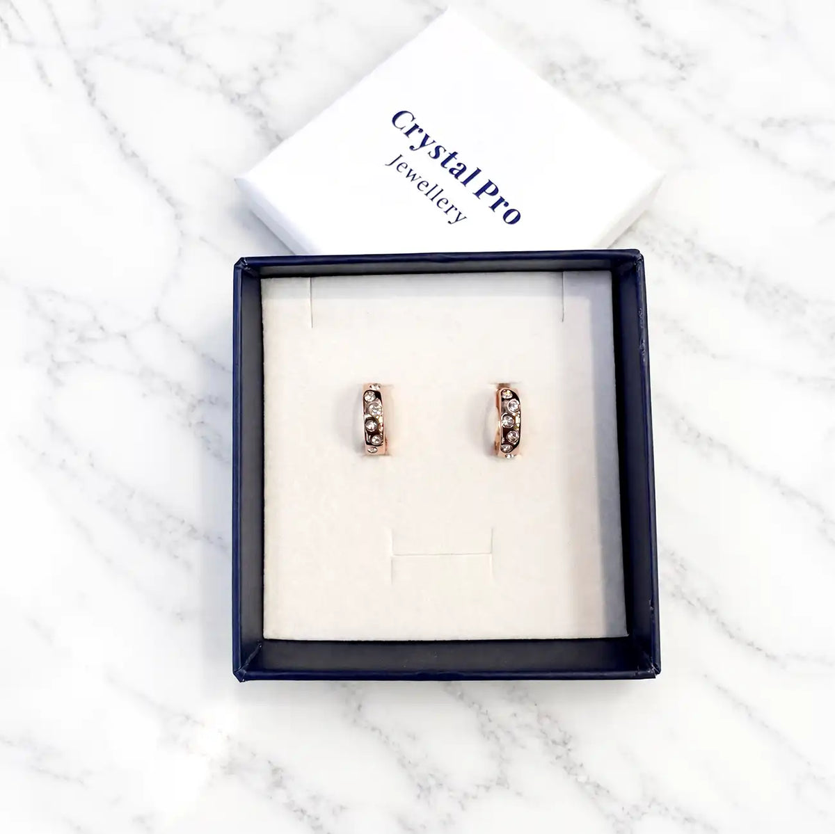 Hoop earrings with embedded sparkling Swarovski® crystals, 18K rose gold plating