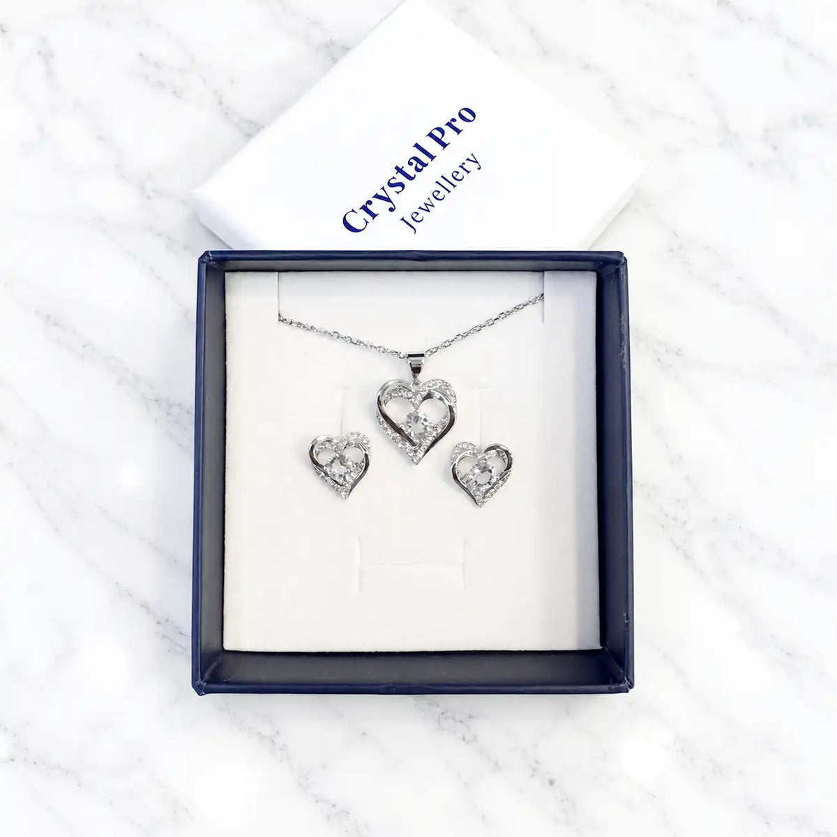 Heart in Heart Necklace and Earrings 18K White Gold Plated, Sparkling with Swarovski® Crystals