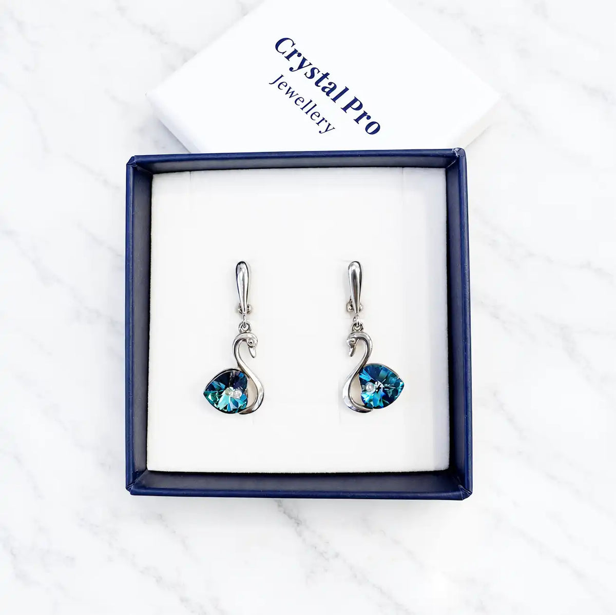 Dangling Silver Swan Earrings with Crystal Shimmer, decorated with Swarovski® crystals