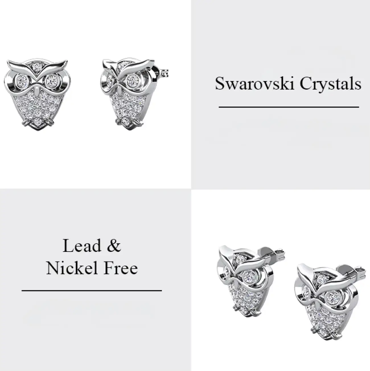 Малки обици с форма на сова с кристали сваровски и бяло злато покритие