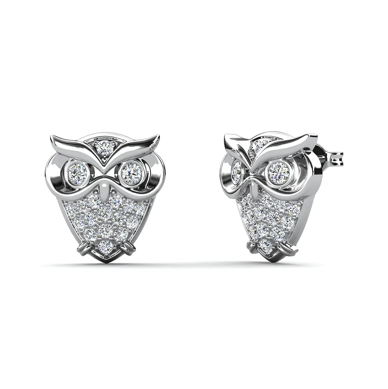 Малки обици с форма на сова с 18к бяло златно покритие и кристали Сваровски