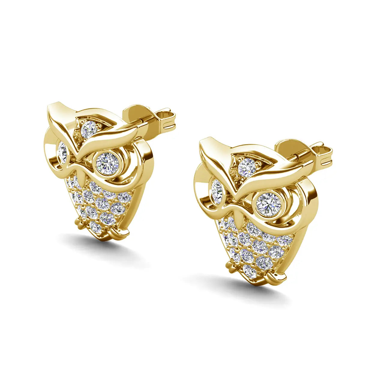 Малки обици с форма на сова и кристали Сваровски със златно покритие