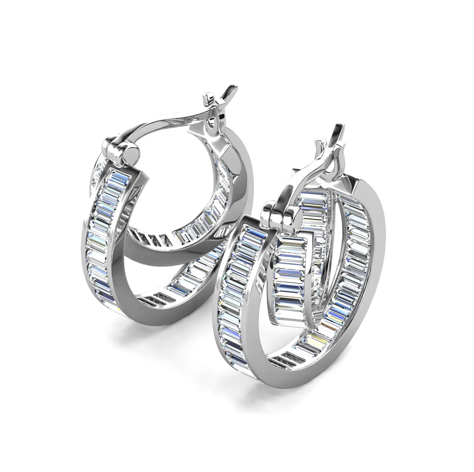 Двойни обици халки с кристали Сваровски с форма на багетки и покритие от бяло злато