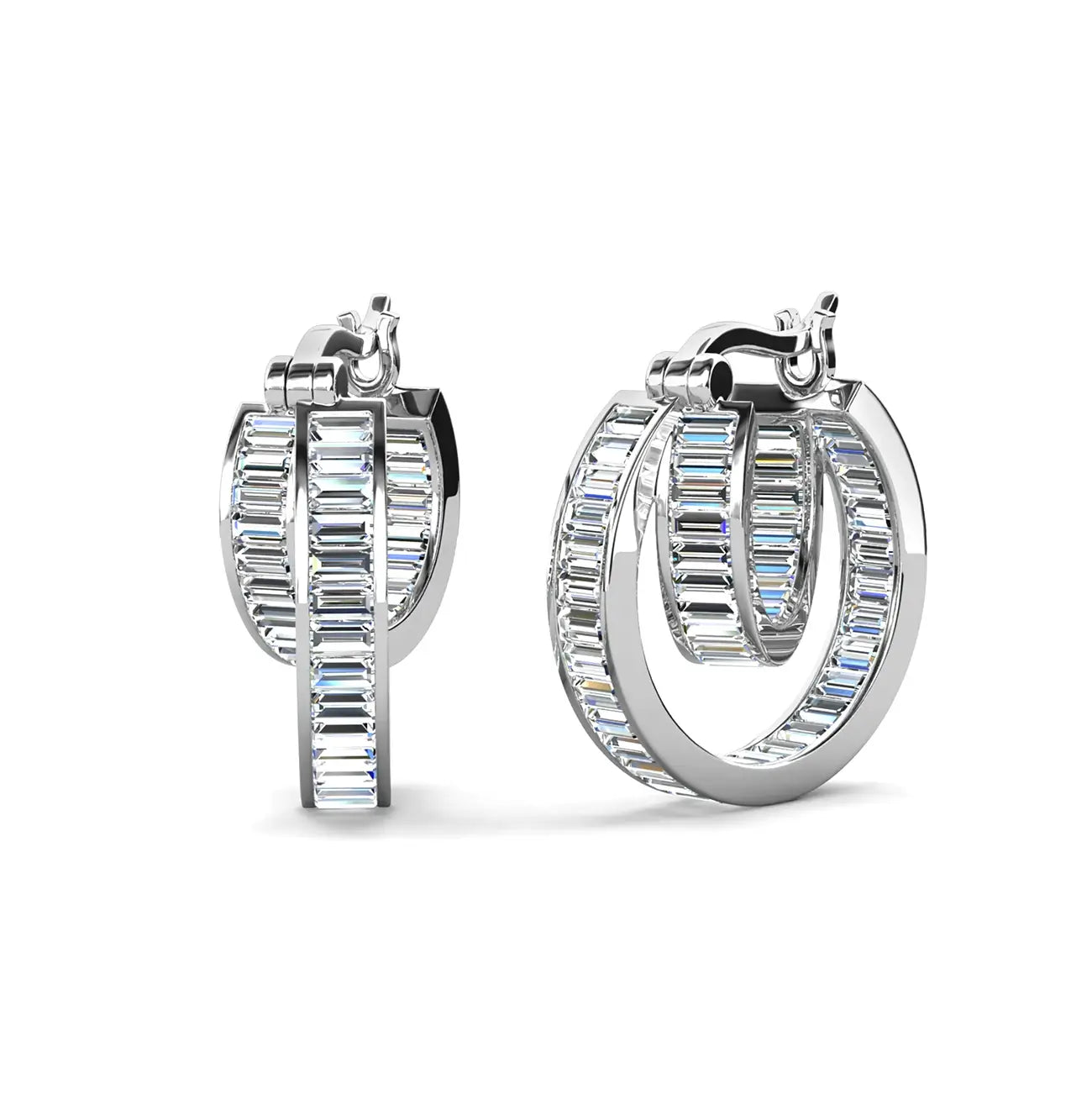 Двойни обици халки с кристали Сваровски и бяло златно покритие