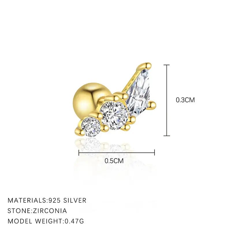 Позлатени Сребърни обици на винт тип Пиърсинг 1бр. – by Crystal Pro Jewellery