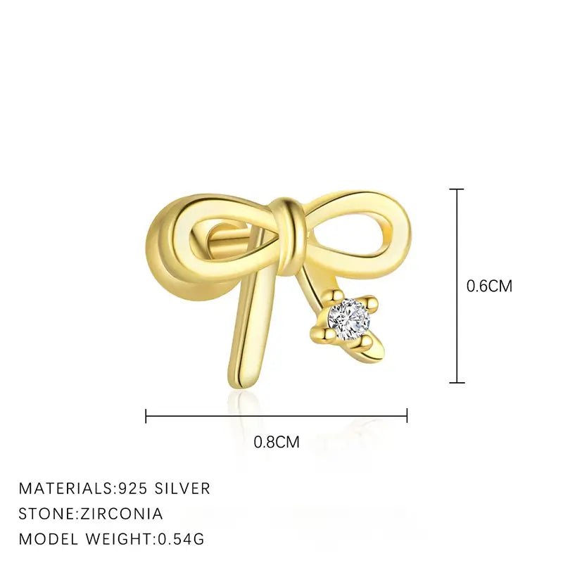 Позлатени Сребърни обици на винт тип Пиърсинг Панделка – by Crystal Pro Jewellery