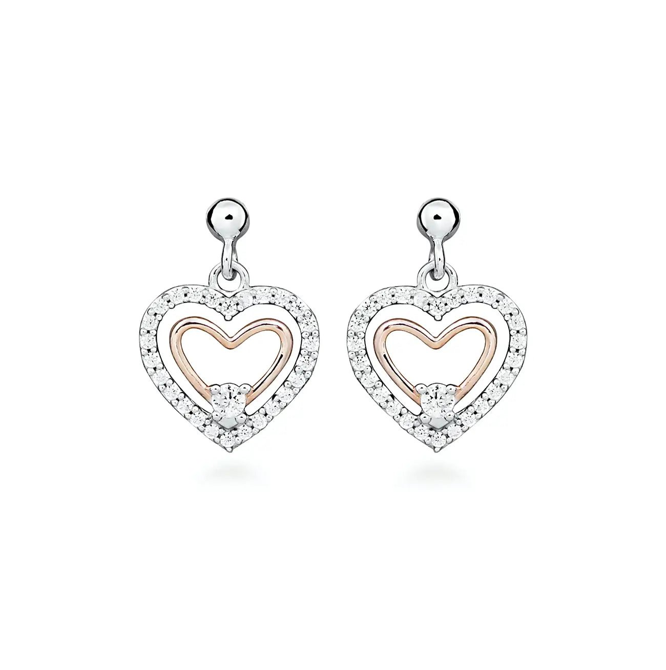 Сребърни обеци Сърце с Цирконии и Розово злато Фина бижутерия – by Crystal Pro Jewellery