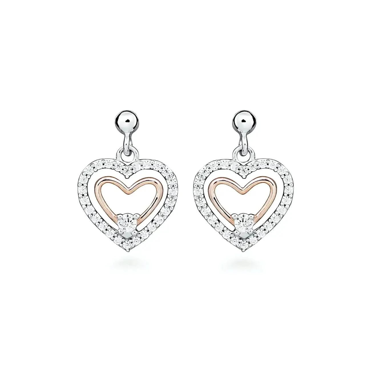 Сребърни обеци Сърце с Цирконии и Розово злато Фина бижутерия – by Crystal Pro Jewellery