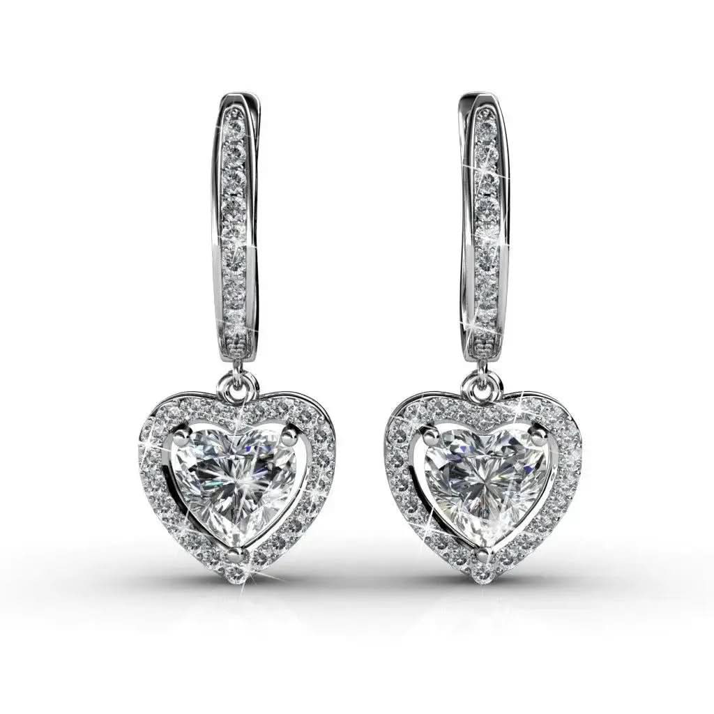 Висящи обици Сърца с 18К покритие бяло злато – by Crystal Pro Jewellery