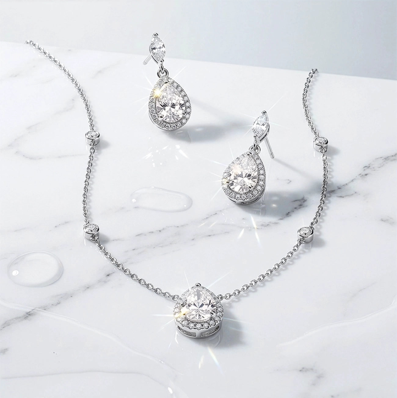 Дамски комплект с iced crushed stones,Сребро 925 с капковидна форма