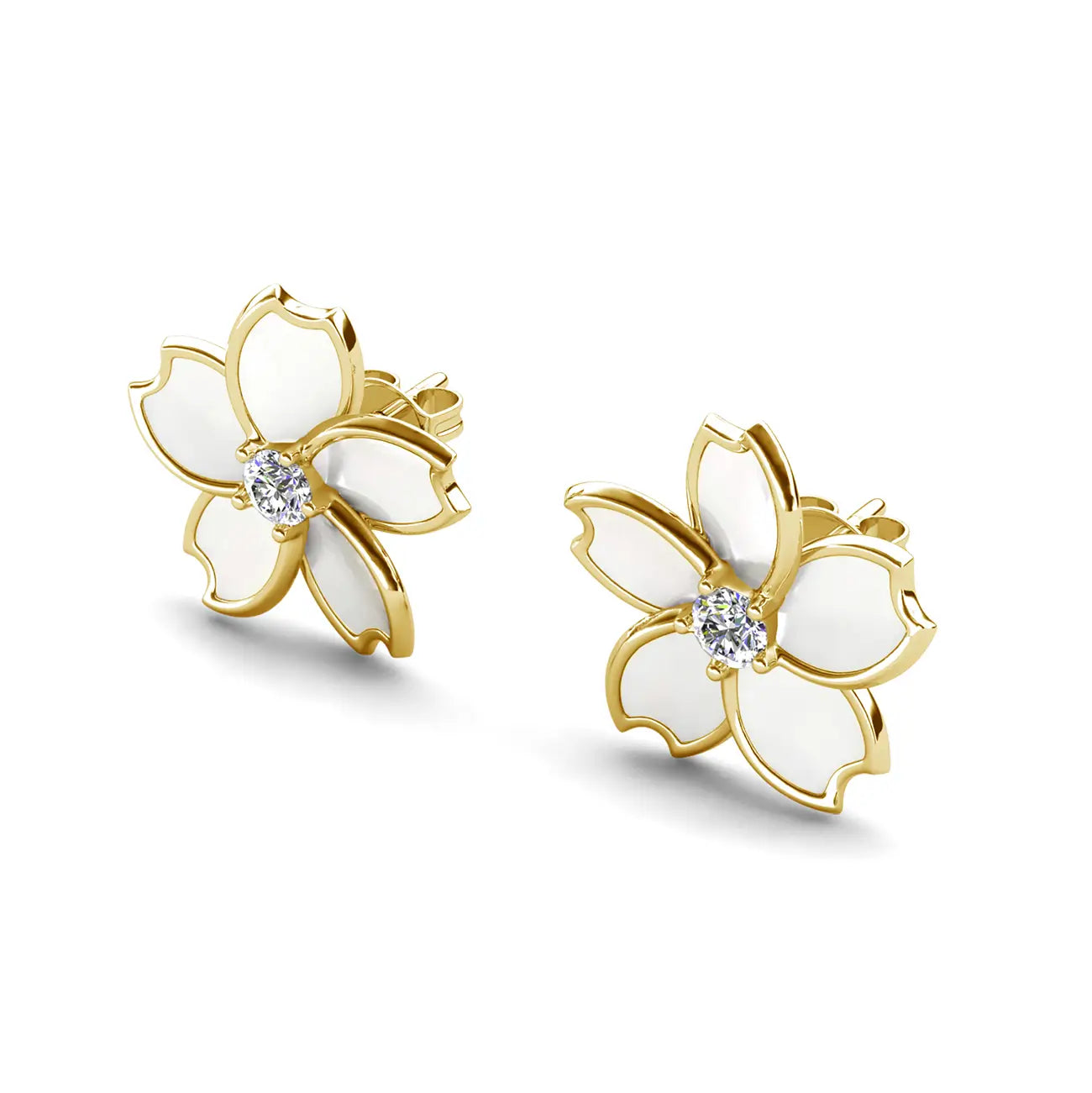 Емайлирани бели обици цвете с кристал Сваровски и 18К златно покритие