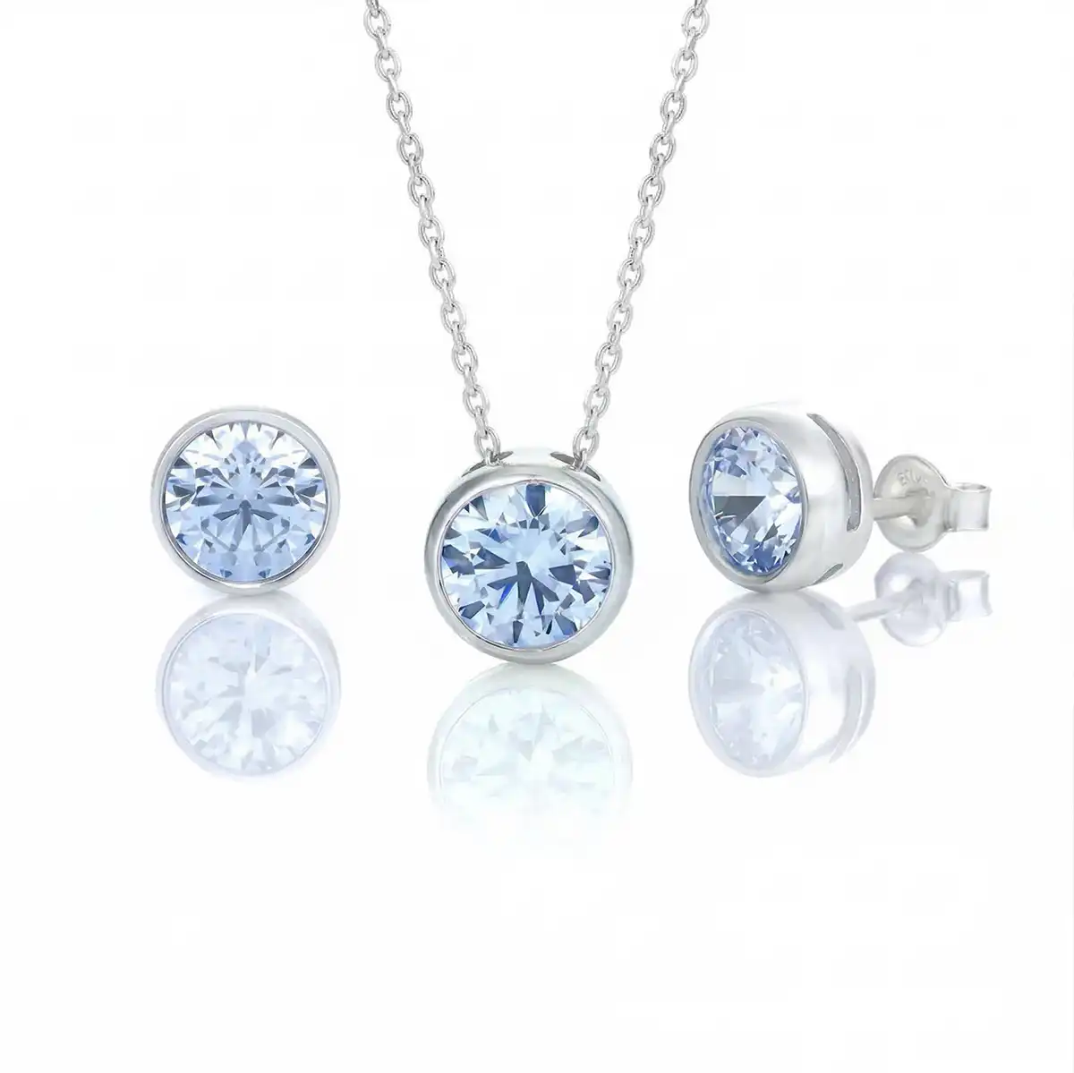 Ежедневен сребърен комплект с циркони Сваровски в сиво-сини нюанси