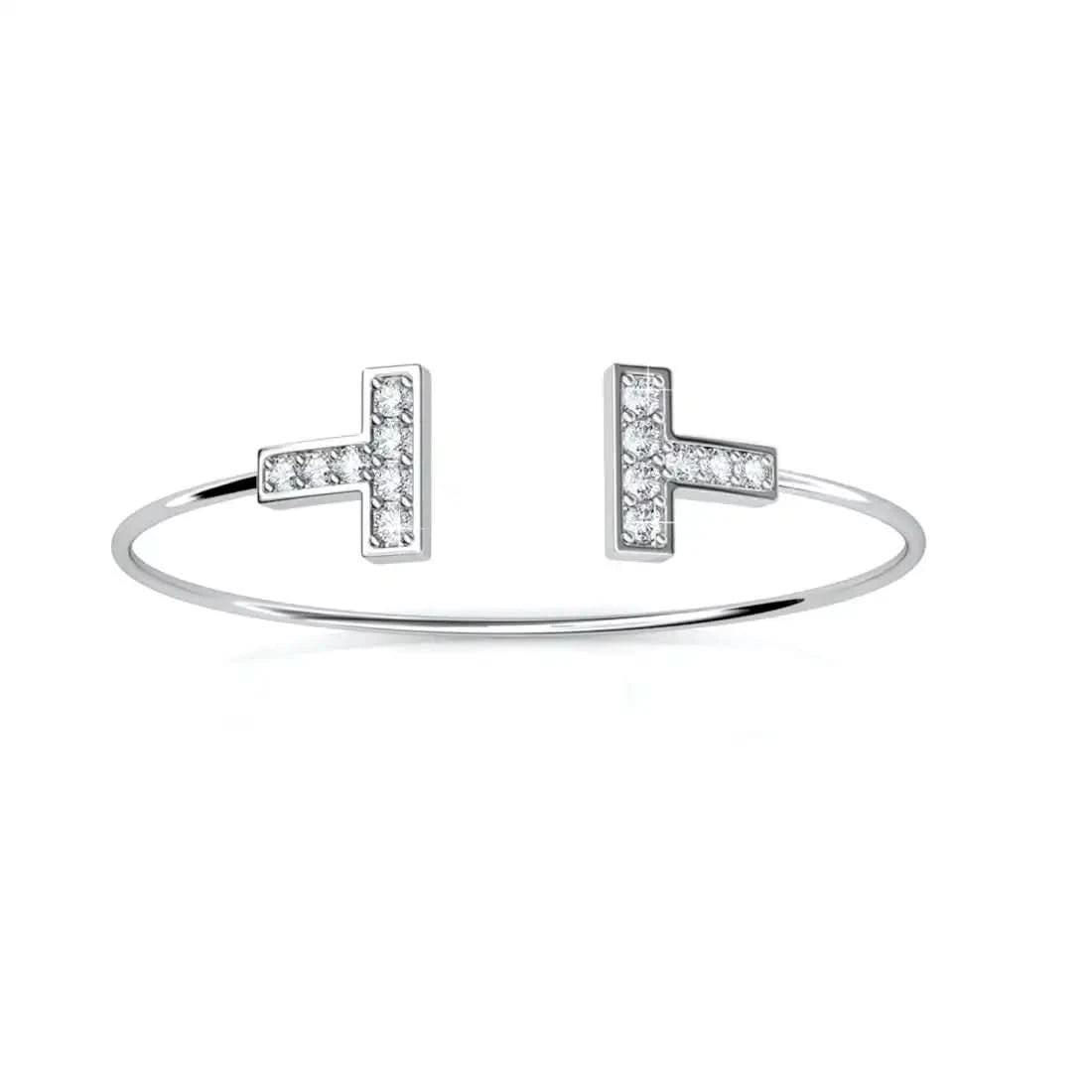 Изчистен модел гривна bangle с кристали Сваровски и 18К покритие бяло злато
