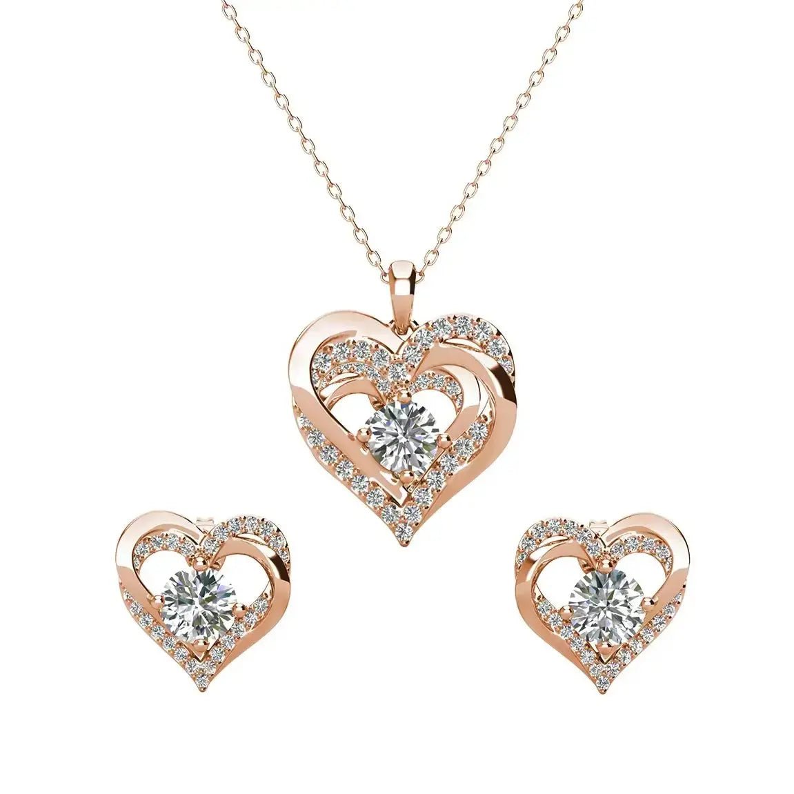 Колие и обици Сърце в сърце 18К покритие розово злато – by Crystal Pro Jewellery