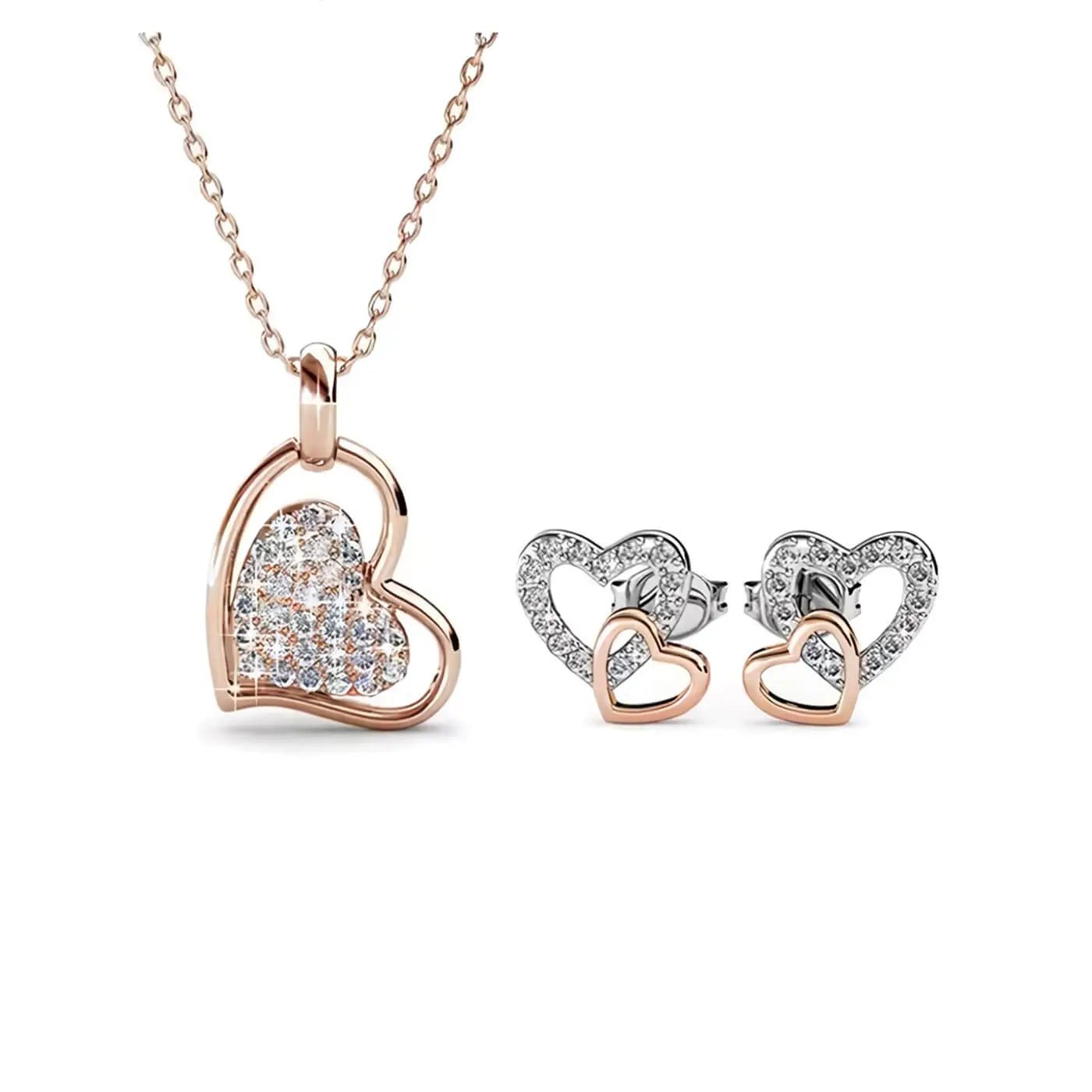 Комплект Сърца - Сияние в 2 цвята розово и бяло злато – by Crystal Pro Jewellery