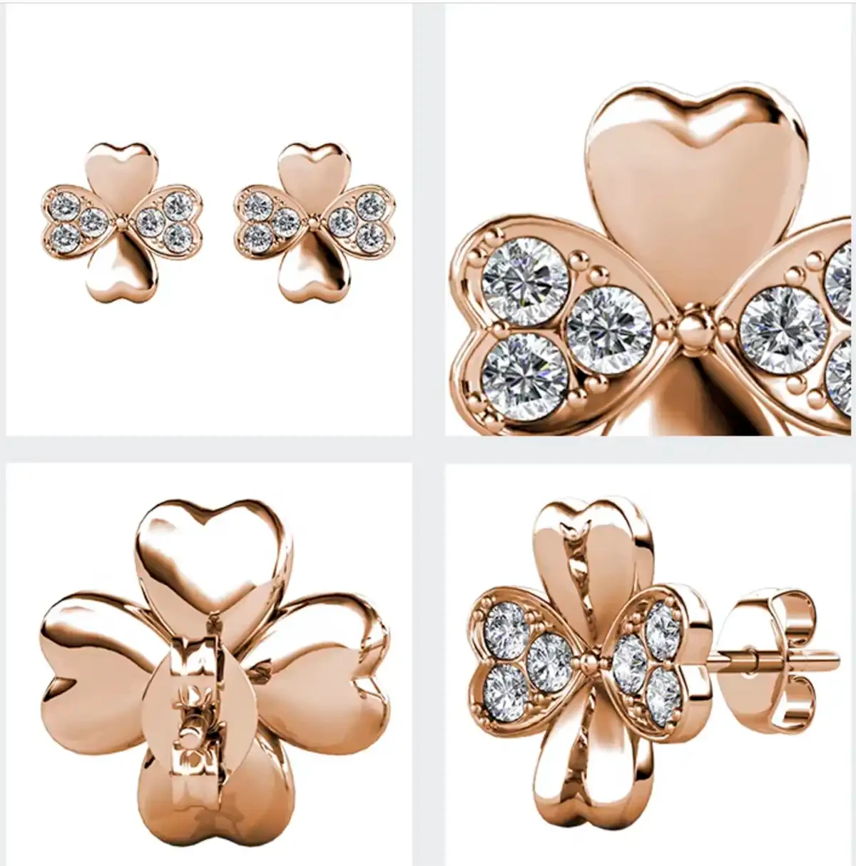 Screw earrings Hearts with Austrian crystals 18K Rose gold plating