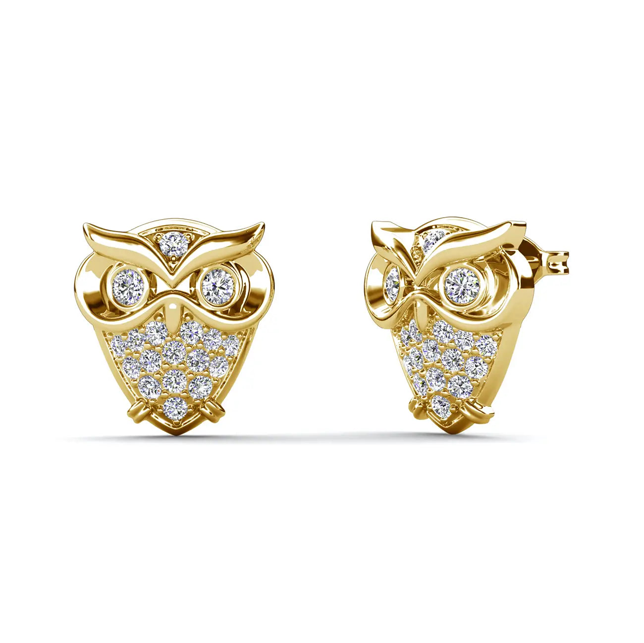 Малки сладки обици с форма на сова, кристали Сваровски и 18К златно покритие 