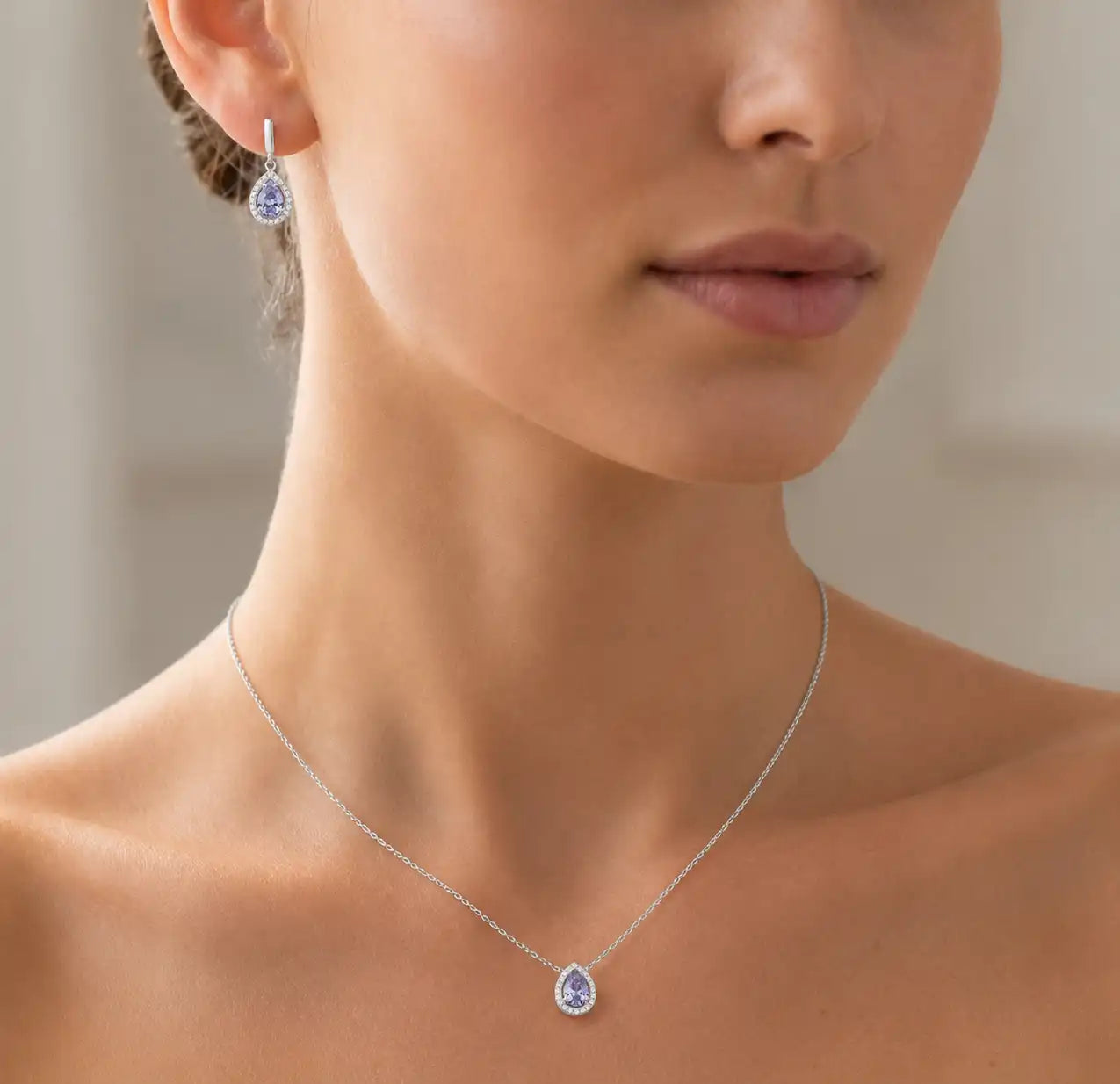Silver Necklace with Lavender Glitter Drop Design