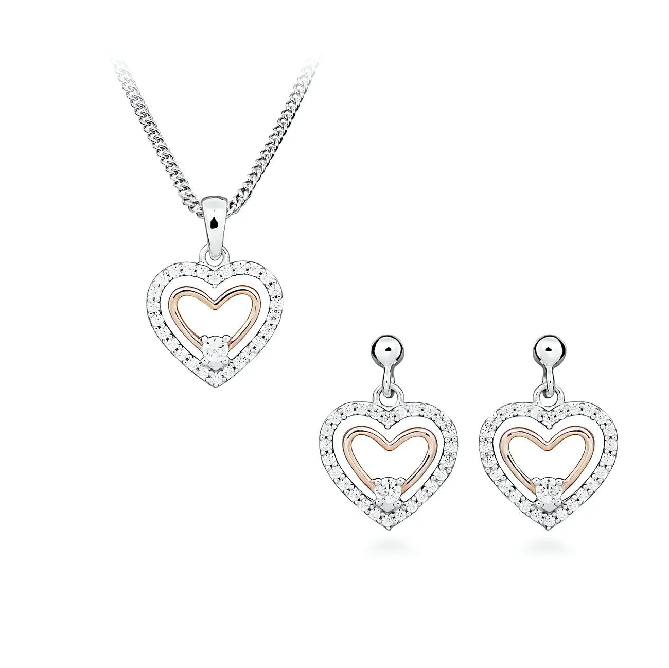 Сребърни обеци Сърце с Цирконии и Розово злато Фина бижутерия – by Crystal Pro Jewellery