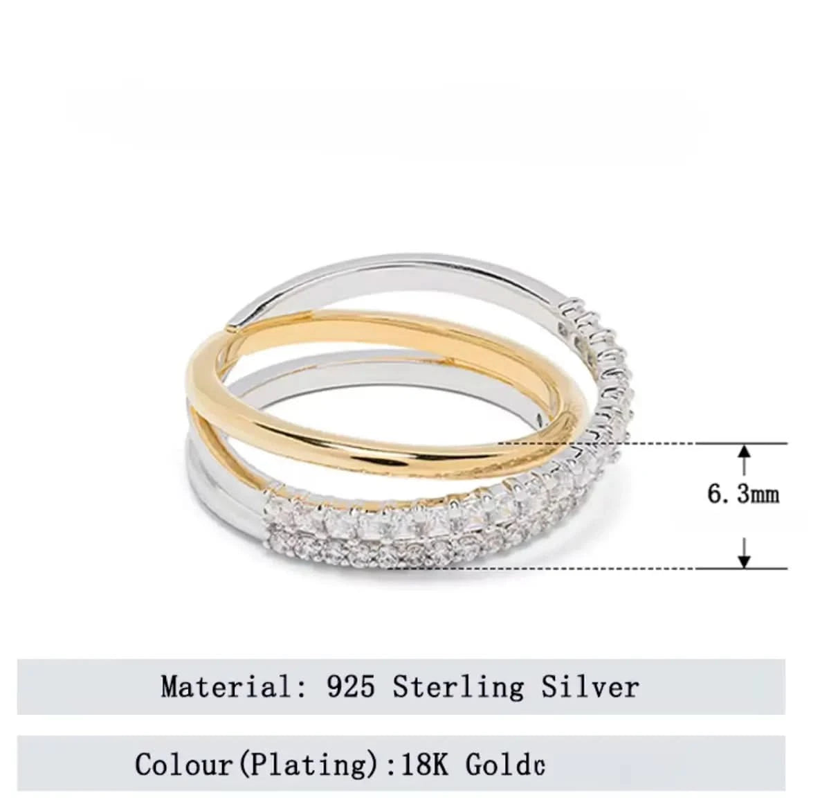 Striking Two-Tone Zircon Ring 925 Silver with Gold Plating